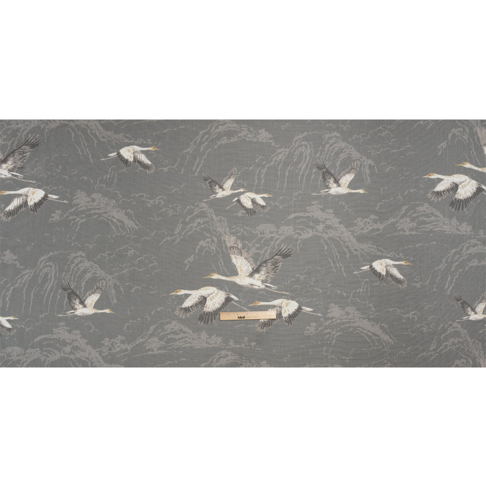 Viscose and Linen Drapery Woven Print - Steel Cranes in the Clouds - British Imported Full