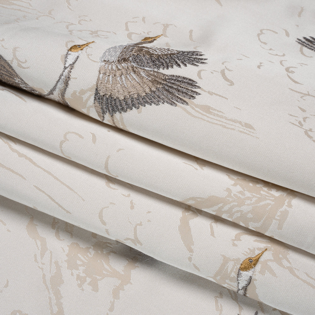 Embroidered Cotton and Polyester Drapery Jacquard - Pale Dove Cranes in the Clouds - British Imported Folded
