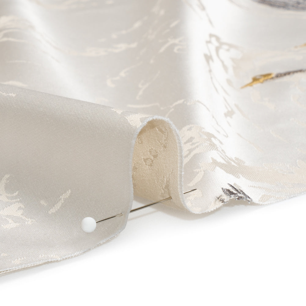 Embroidered Cotton and Polyester Drapery Jacquard - Pale Dove Cranes in the Clouds - British Imported Detail
