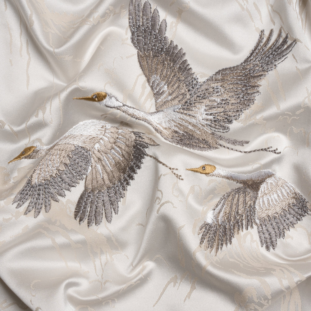 Embroidered Cotton and Polyester Drapery Jacquard - Pale Dove Cranes in the Clouds - British Imported
