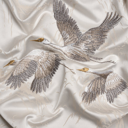 Embroidered Cotton and Polyester Drapery Jacquard - Pale Dove Cranes in the Clouds - British Imported