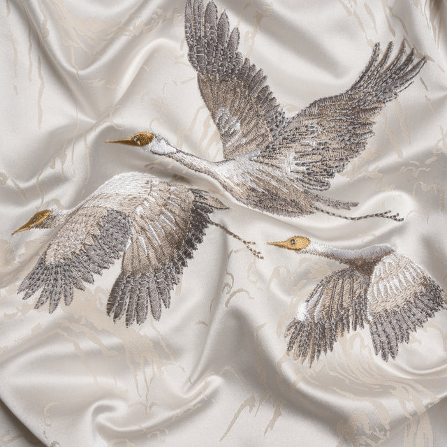 Embroidered Cotton and Polyester Drapery Jacquard - Pale Dove Cranes in the Clouds - British Imported