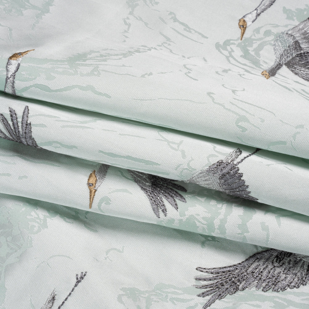 Embroidered Cotton and Polyester Drapery Jacquard - Duckegg Cranes in the Clouds - British Imported Folded