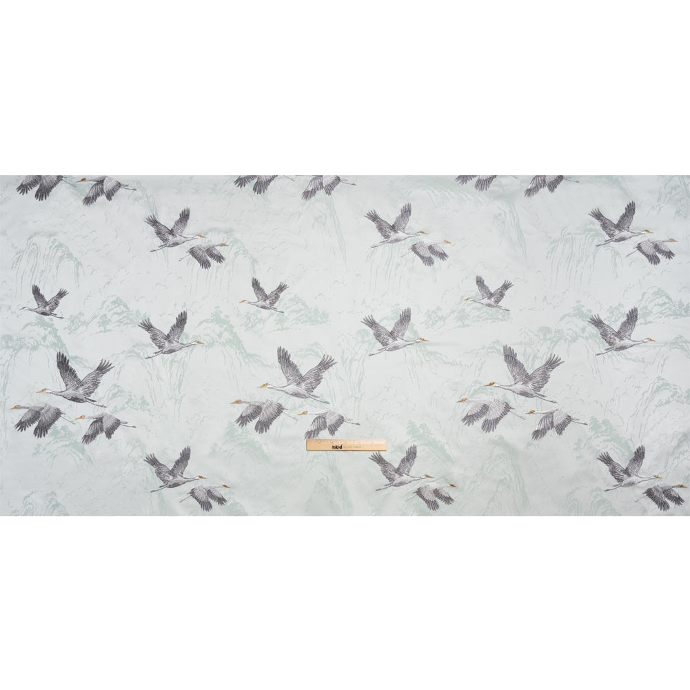 Embroidered Cotton and Polyester Drapery Jacquard - Duckegg Cranes in the Clouds - British Imported Full