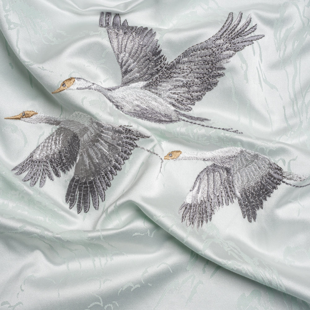 Embroidered Cotton and Polyester Drapery Jacquard - Duckegg Cranes in the Clouds - British Imported