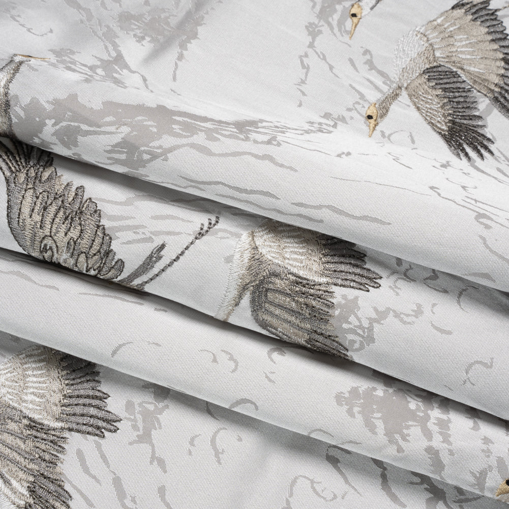 Embroidered Cotton and Polyester Drapery Jacquard - Silver Cranes in the Clouds - British Imported Folded
