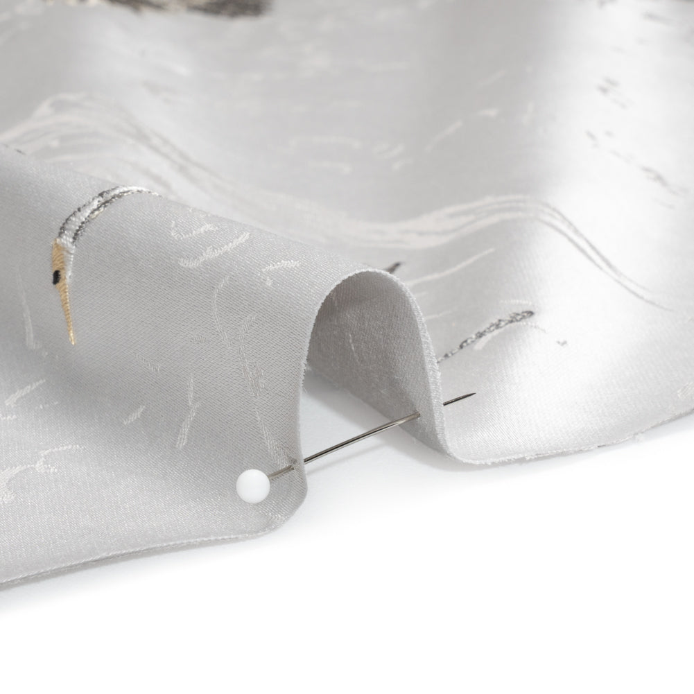 Embroidered Cotton and Polyester Drapery Jacquard - Silver Cranes in the Clouds - British Imported Detail