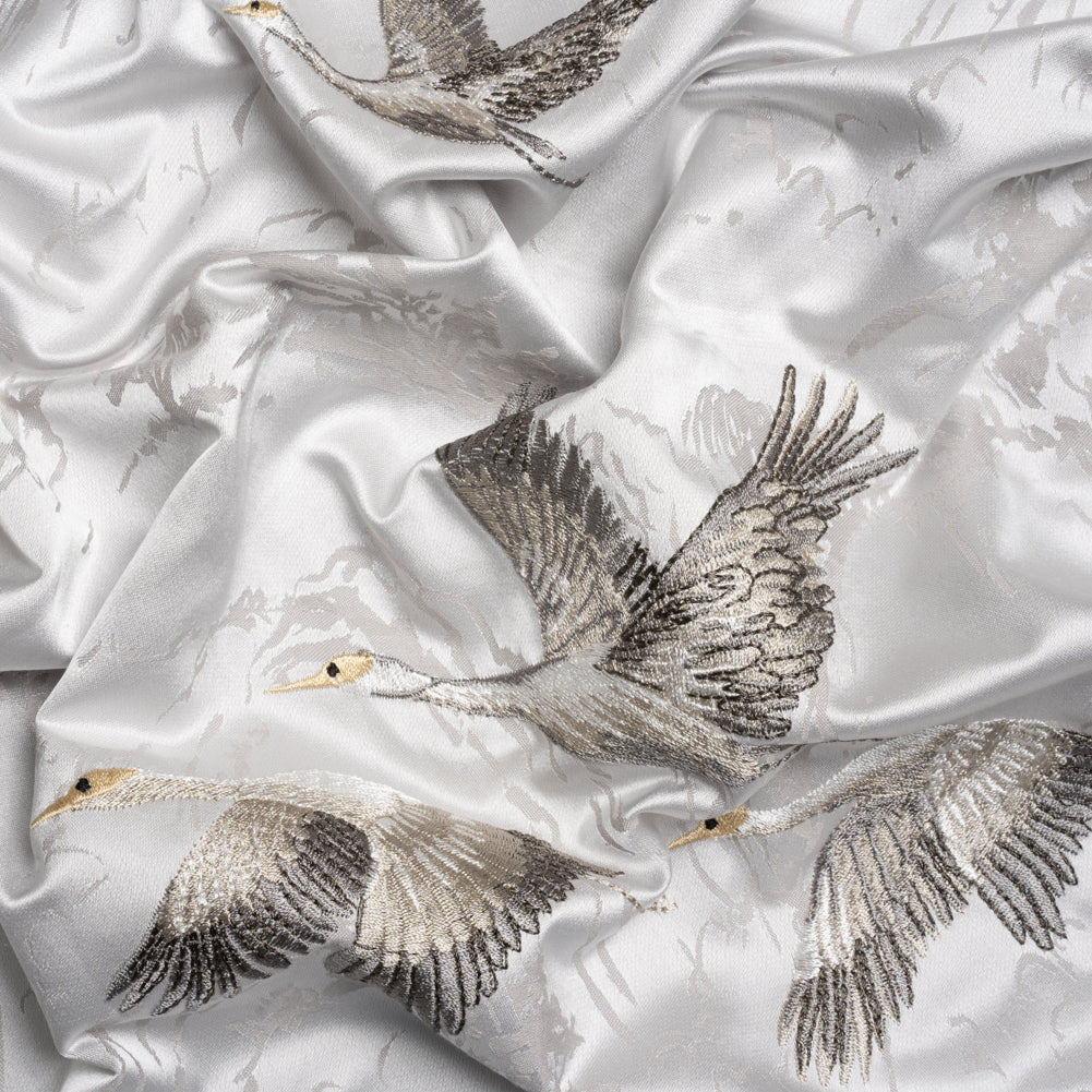 Embroidered Cotton and Polyester Drapery Jacquard - Silver Cranes in the Clouds - British Imported