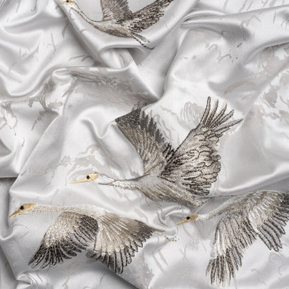 Embroidered Cotton and Polyester Drapery Jacquard - Silver Cranes in the Clouds - British Imported