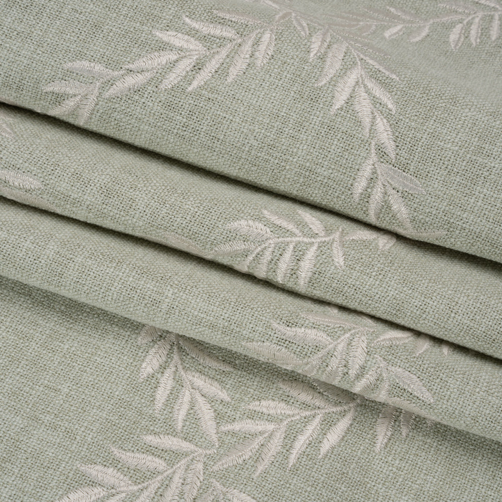 Embroidered Slubbed Drapery Woven - Duckegg Leafy Lattice - British Imported Folded