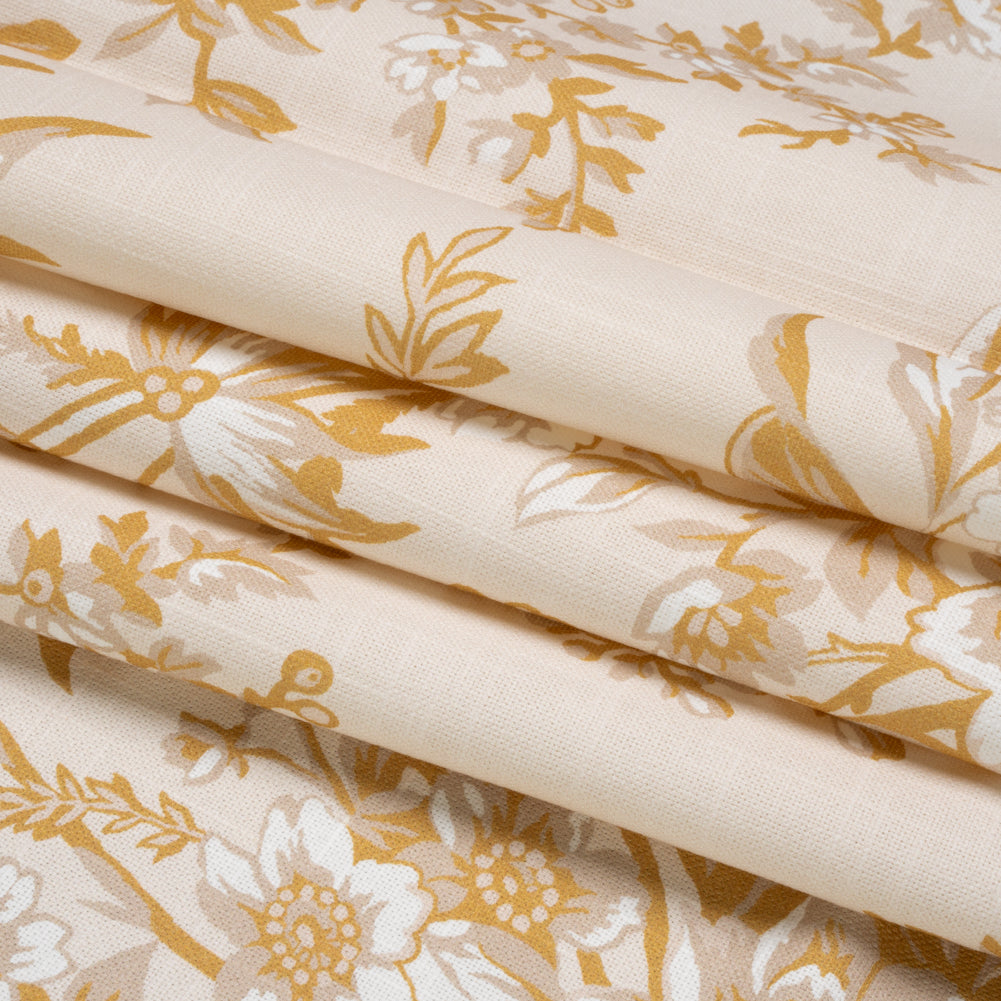 Cotton Canvas Print - Ochre Floral Bouquets - British Imported Folded