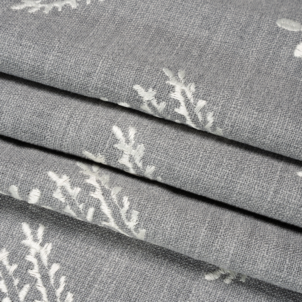 Embroidered Textured Drapery Woven - Steel Flowering Ferns - British Imported Folded