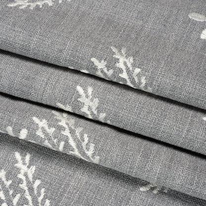 Embroidered Textured Drapery Woven - Steel Flowering Ferns - British Imported Folded
