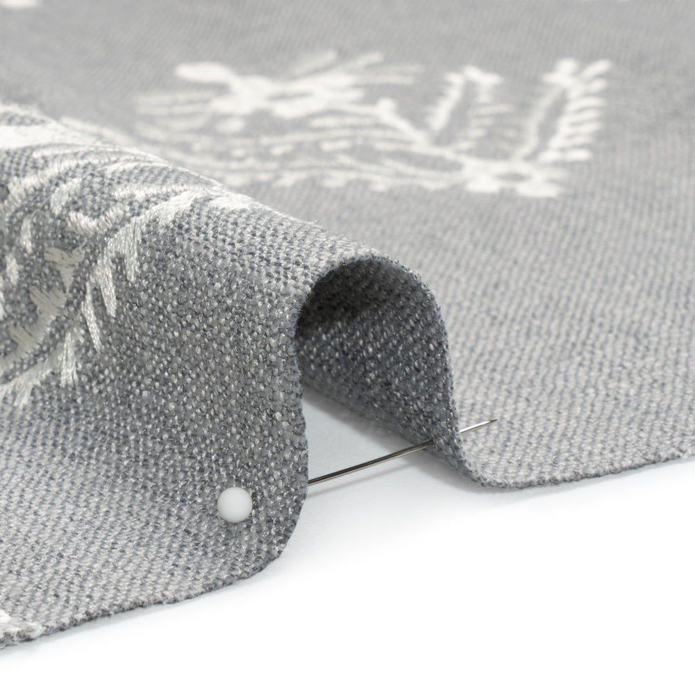 Embroidered Textured Drapery Woven - Steel Flowering Ferns - British Imported Detail
