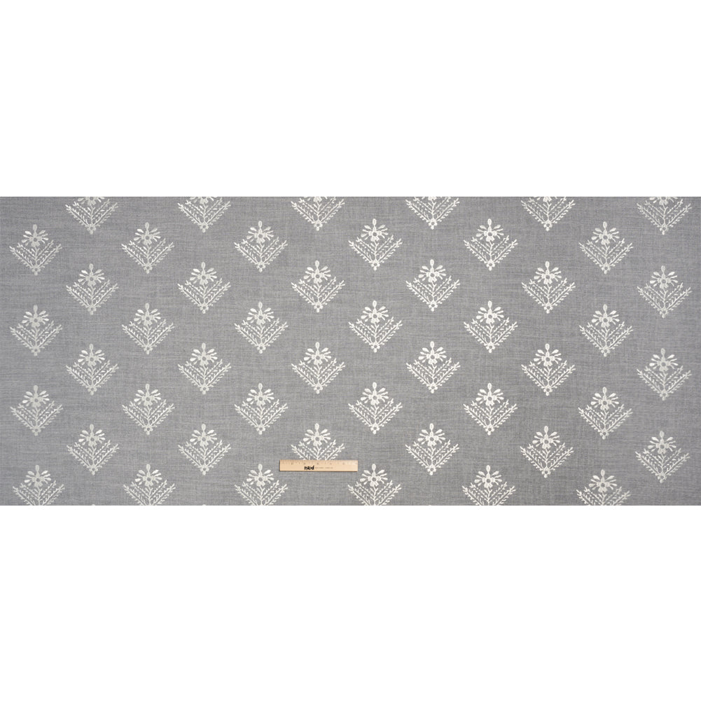 Embroidered Textured Drapery Woven - Steel Flowering Ferns - British Imported Full