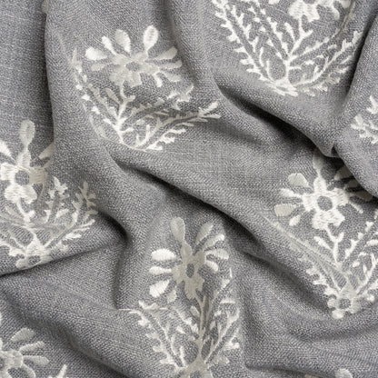 Embroidered Textured Drapery Woven - Steel Flowering Ferns - British Imported