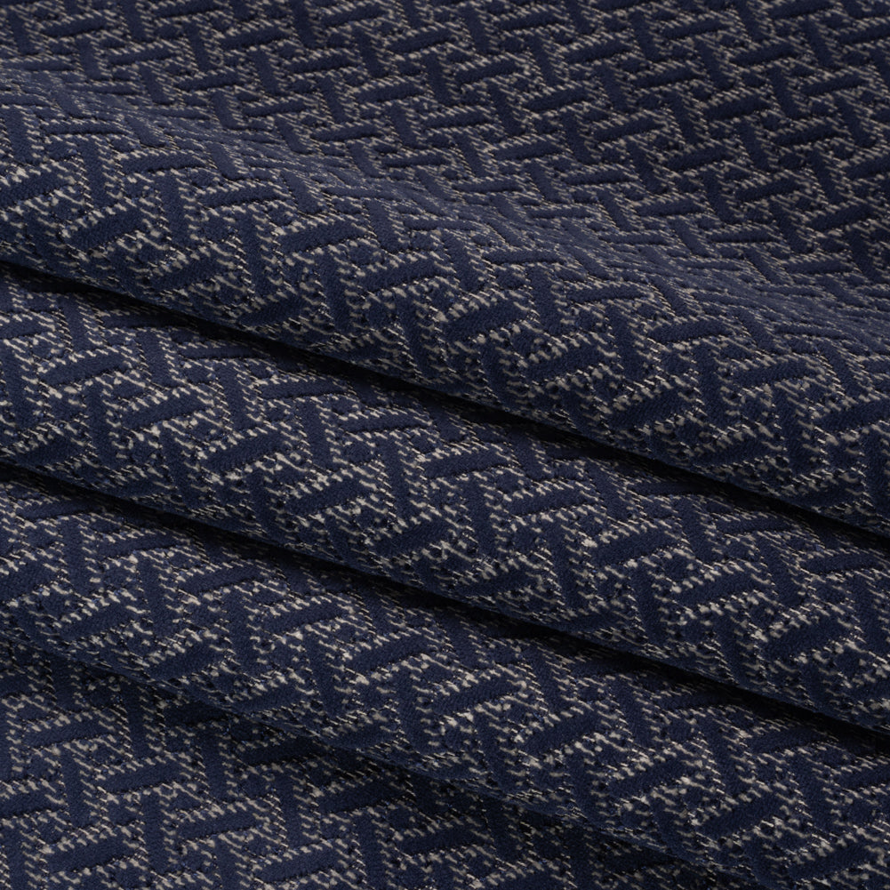 Chenille Jacquard - French Navy Geometric Basketweave - British Imported Folded