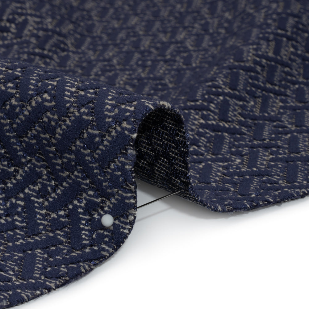 Chenille Jacquard - French Navy Geometric Basketweave - British Imported Detail