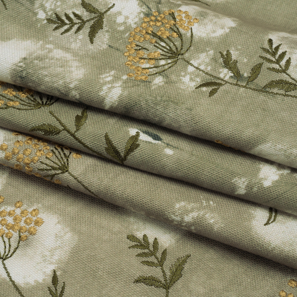 Cotton Canvas Print with Floral Embroidery - Ivy Tie Dye Spots - British Imported - Folded
