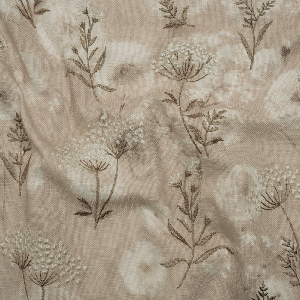 Cotton Canvas Print with Floral Embroidery - Oyster Tie Dye Spots - British Imported