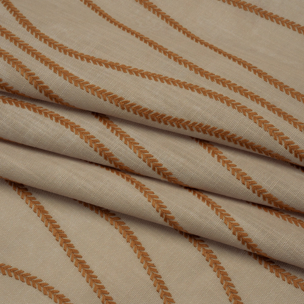Embroidered Linen-Look Polyester Drapery Woven - Copper Leafy Wavy Lines and Watercolor Texture - British Imported - Folded