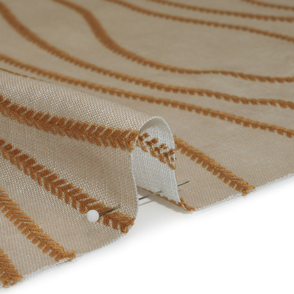Embroidered Linen-Look Polyester Drapery Woven - Copper Leafy Wavy Lines and Watercolor Texture - British Imported - Detail
