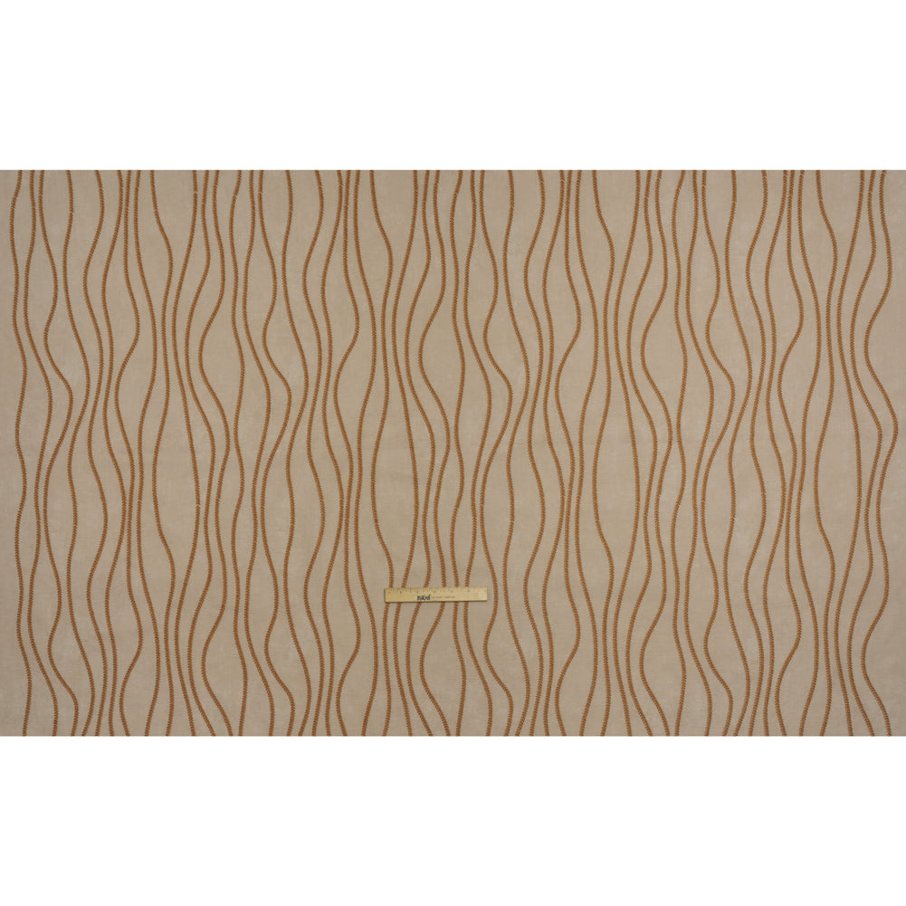 Embroidered Linen-Look Polyester Drapery Woven - Copper Leafy Wavy Lines and Watercolor Texture - British Imported - Full