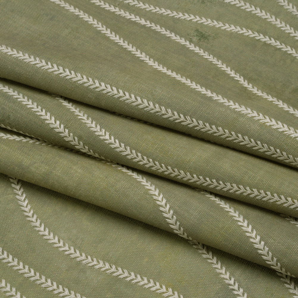 Embroidered Linen-Look Polyester Drapery Woven - Ivy Leafy Wavy Lines and Watercolor Texture - British Imported