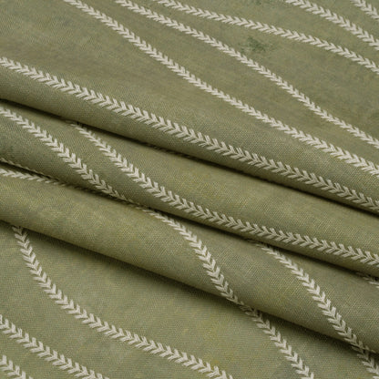 Embroidered Linen-Look Polyester Drapery Woven - Ivy Leafy Wavy Lines and Watercolor Texture - British Imported