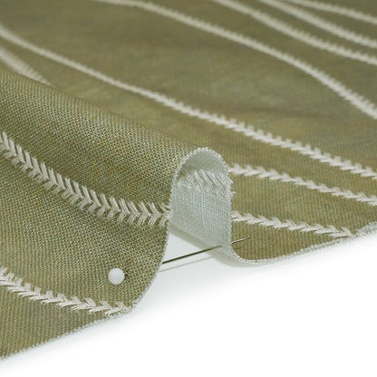 Embroidered Linen-Look Polyester Drapery Woven - Ivy Leafy Wavy Lines and Watercolor Texture - British Imported