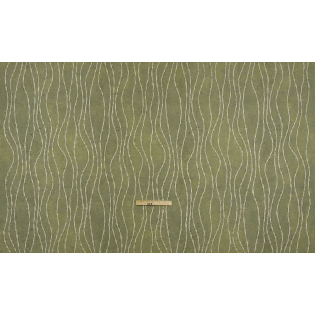 Embroidered Linen-Look Polyester Drapery Woven - Ivy Leafy Wavy Lines and Watercolor Texture - British Imported