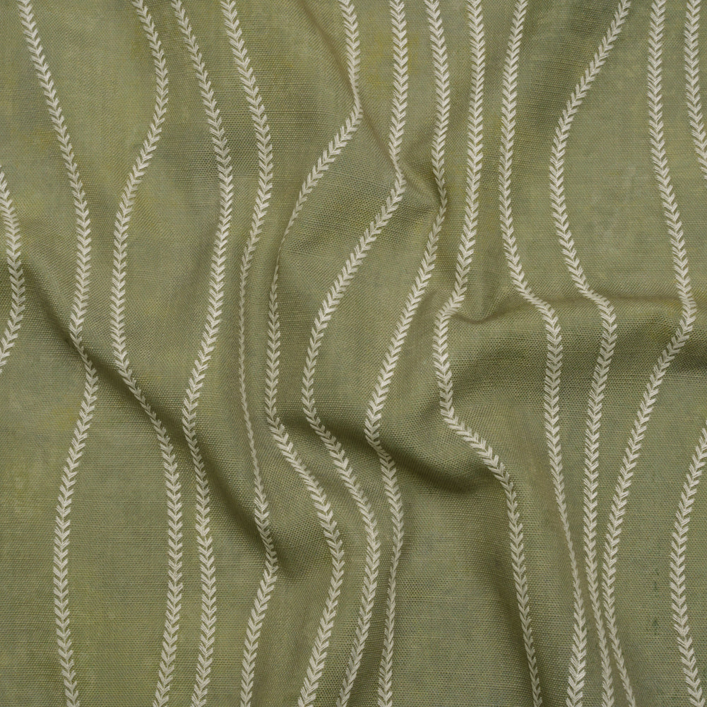 Embroidered Linen-Look Polyester Drapery Woven - Ivy Leafy Wavy Lines and Watercolor Texture - British Imported