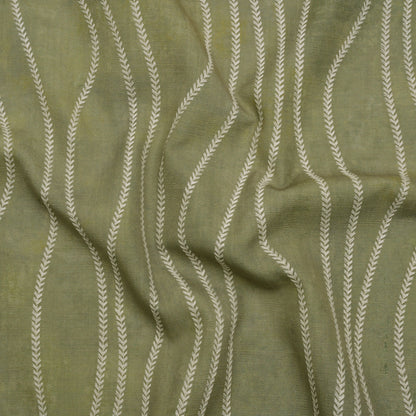 Embroidered Linen-Look Polyester Drapery Woven - Ivy Leafy Wavy Lines and Watercolor Texture - British Imported