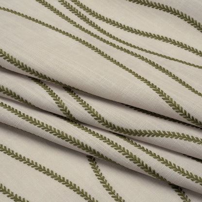 Embroidered Linen-Look Polyester Drapery Woven - Moss Leafy Wavy Lines and Watercolor Texture - British Imported