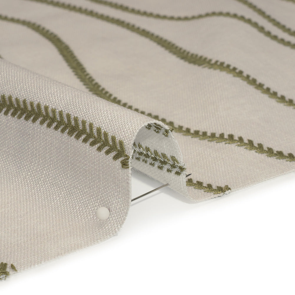 Embroidered Linen-Look Polyester Drapery Woven - Moss Leafy Wavy Lines and Watercolor Texture - British Imported