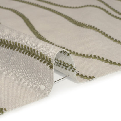 Embroidered Linen-Look Polyester Drapery Woven - Moss Leafy Wavy Lines and Watercolor Texture - British Imported