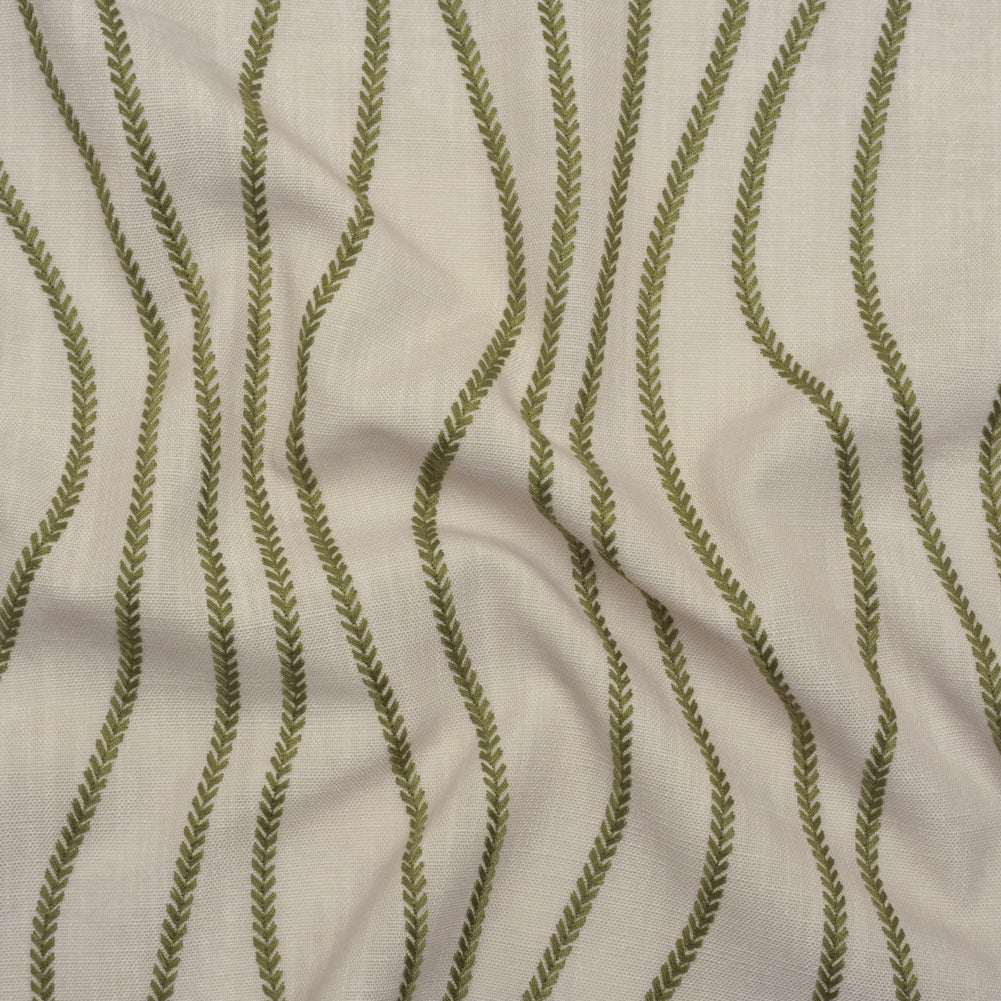 Embroidered Linen-Look Polyester Drapery Woven - Moss Leafy Wavy Lines and Watercolor Texture - British Imported