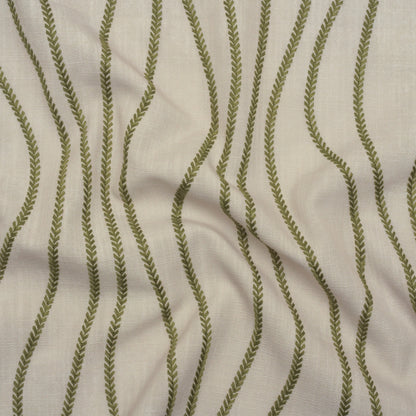 Embroidered Linen-Look Polyester Drapery Woven - Moss Leafy Wavy Lines and Watercolor Texture - British Imported