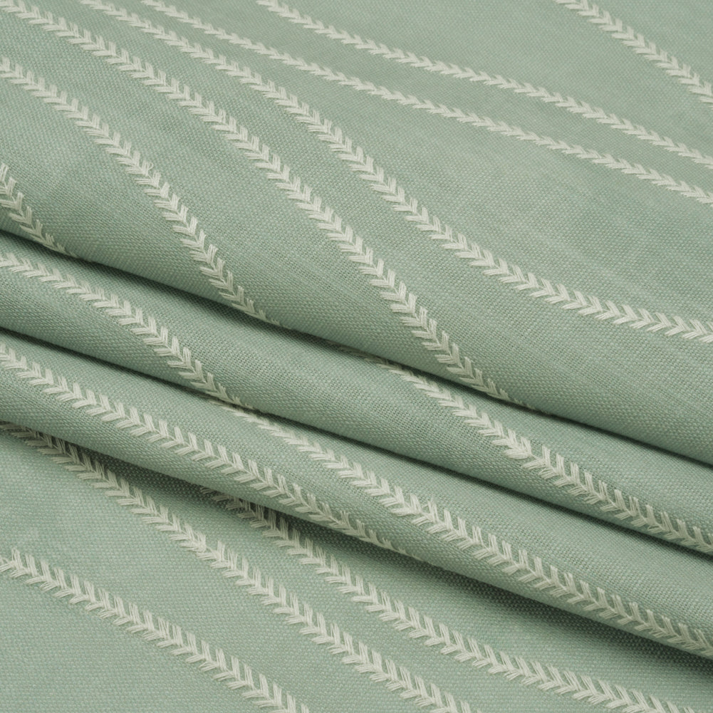 Embroidered Linen-Look Polyester Drapery Woven - Opal Leafy Wavy Lines and Watercolor Texture - British Imported - Folded