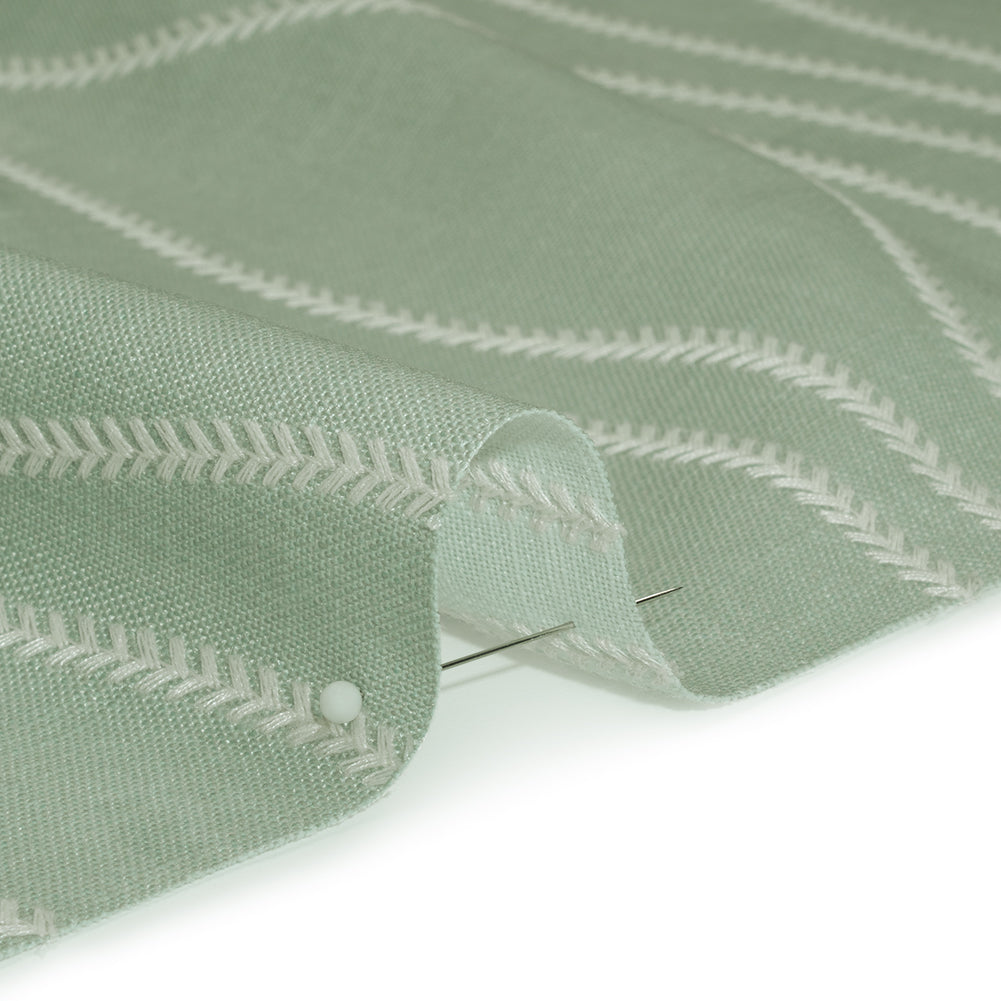 Embroidered Linen-Look Polyester Drapery Woven - Opal Leafy Wavy Lines and Watercolor Texture - British Imported - Detail
