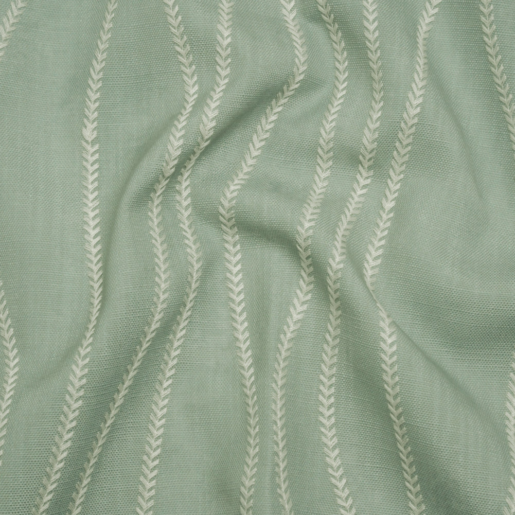 Embroidered Linen-Look Polyester Drapery Woven - Opal Leafy Wavy Lines and Watercolor Texture - British Imported
