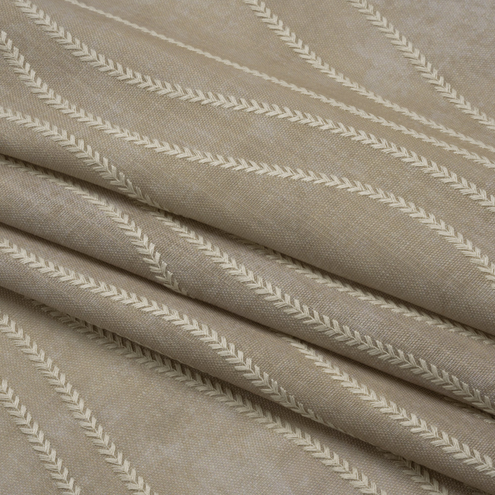 Embroidered Linen-Look Polyester Drapery Woven - Otter Leafy Wavy Lines and Watercolor Texture - British Imported