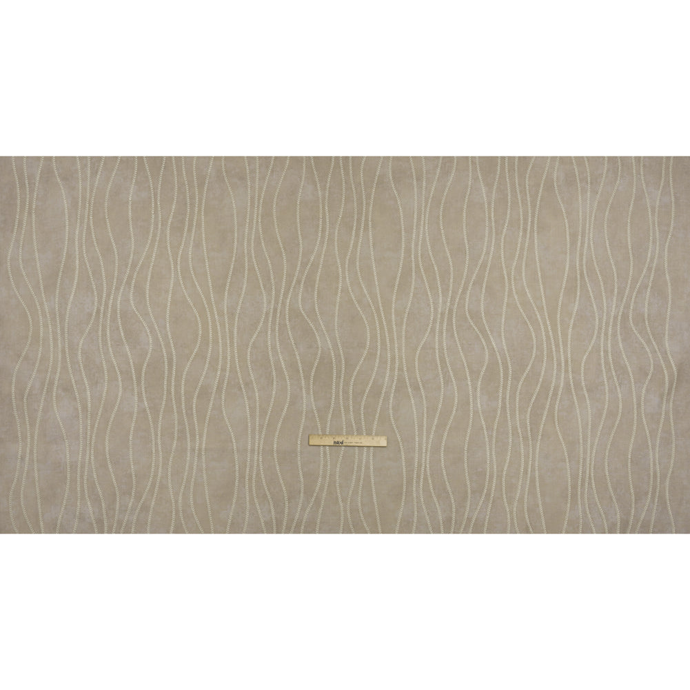 Embroidered Linen-Look Polyester Drapery Woven - Otter Leafy Wavy Lines and Watercolor Texture - British Imported