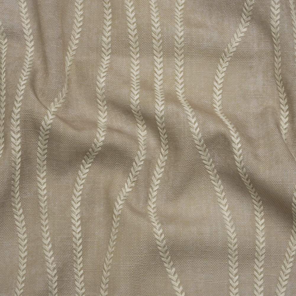 Embroidered Linen-Look Polyester Drapery Woven - Otter Leafy Wavy Lines and Watercolor Texture - British Imported