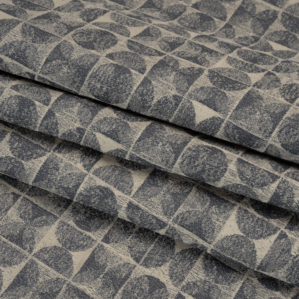 Circles and Slices Recycled Polyester and Cotton Drapery Jacquard - Denim - British Imported Folded