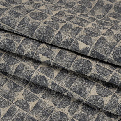 Circles and Slices Recycled Polyester and Cotton Drapery Jacquard - Denim - British Imported Folded