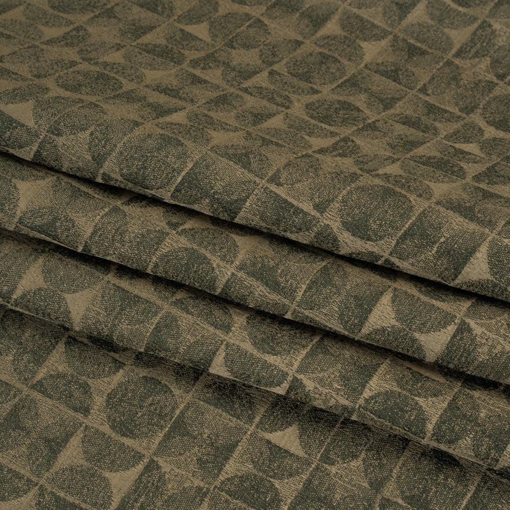 Circles and Slices Recycled Polyester and Cotton Drapery Jacquard - Olive - British Imported Folded