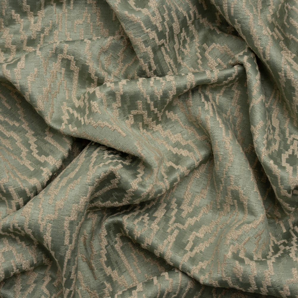 Geometric Recycled Polyester and Cotton Drapery Jacquard - Eucalyptus - British Imported