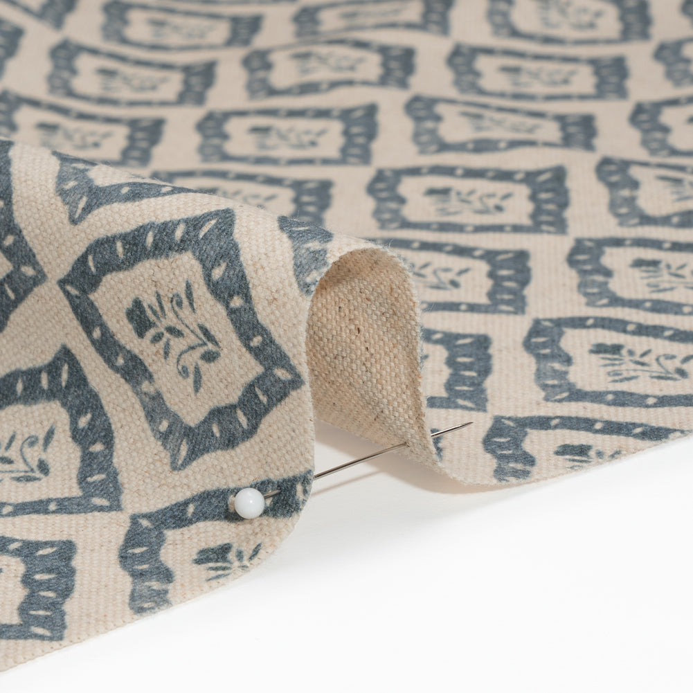 Brushed Cotton and Linen Canvas Print - Indigo Framed Floral - British Imported Detail