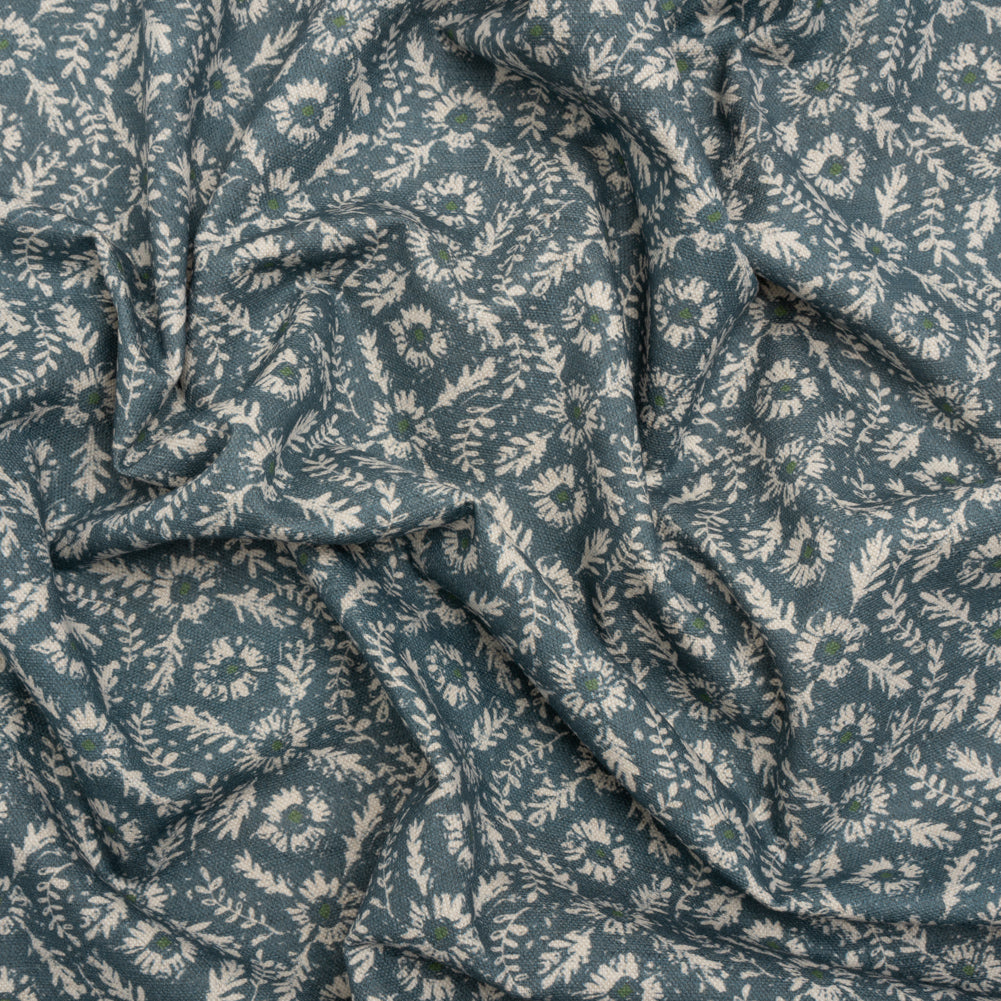Brushed Cotton and Linen Canvas - Indigo Flowers and Leaves - Flowers and Leaves British Imported